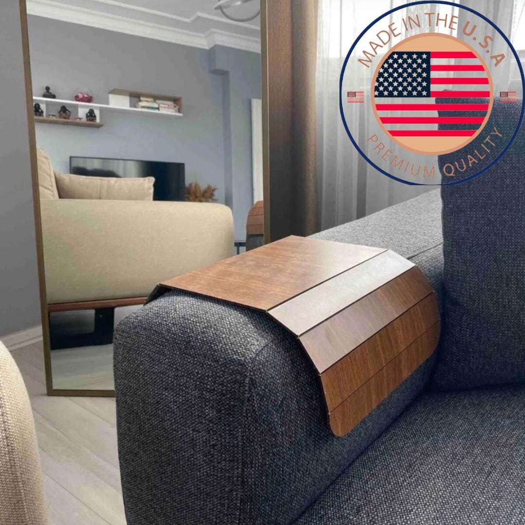 Foldable Sofa Arm Tray for Couch Wooden Non-Slip Flexible Side Tray Coaster for Drinks Snacks Cups Holder