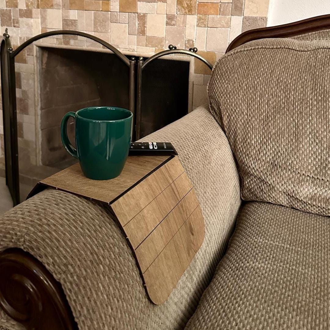 Foldable Sofa Arm Tray for Couch Wooden Non-Slip Flexible Side Tray Coaster for Drinks Snacks Cups Holder