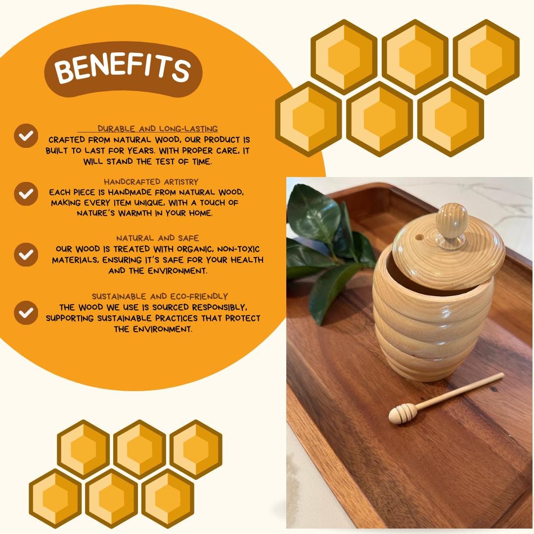 Honey Pot Jar with Honey Dipper Spoon / Rustic & Unique Wedding Gift, Christmas Gift, Organic Wood Honey Pot, Wood Honey Pot, Honey Pot